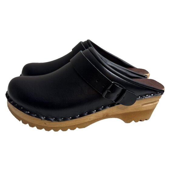 TROENTORP Johansson Swedish Clogs 38 Womens size 8 - 8.5 Black Leather Mules - Picture 1 of 15